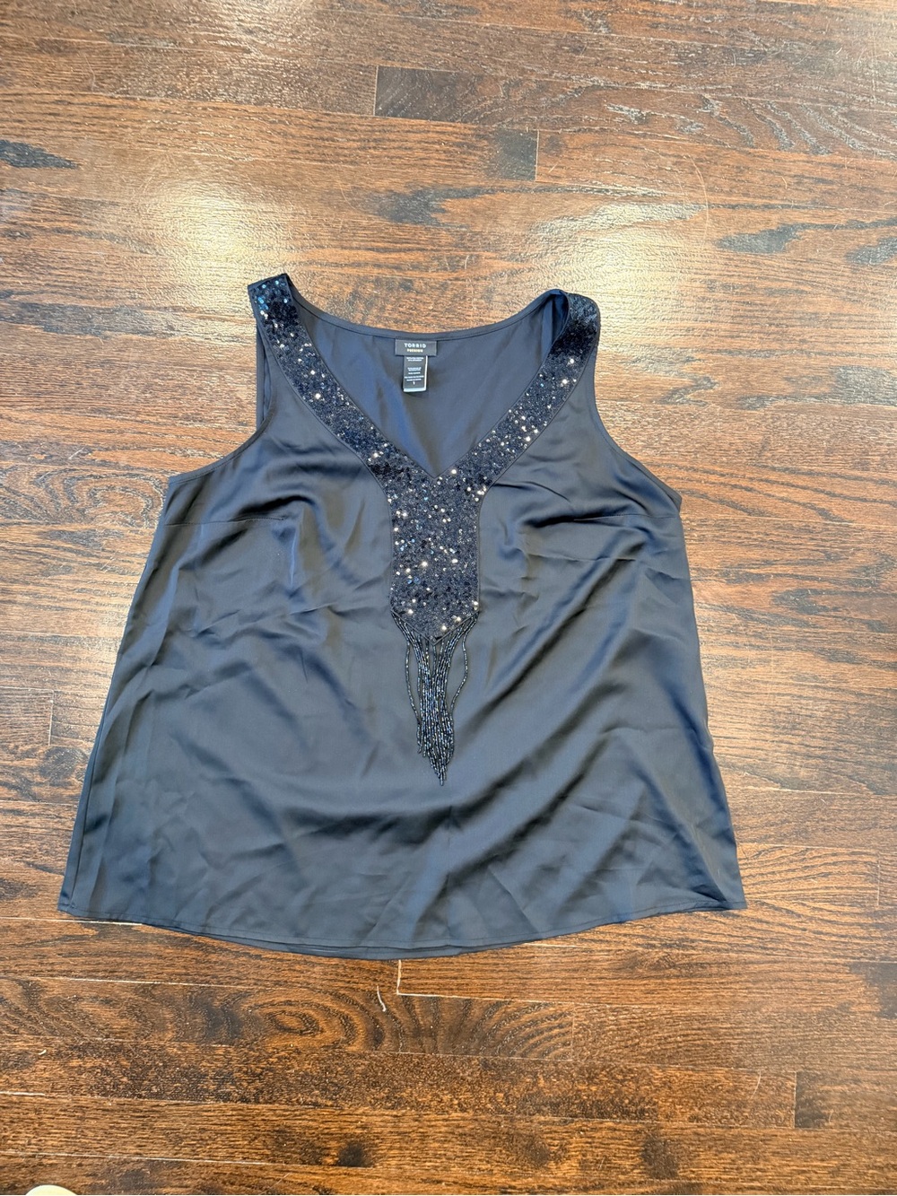 Torrid Black Beaded V-Neck Sleeveless Top with Fringe.